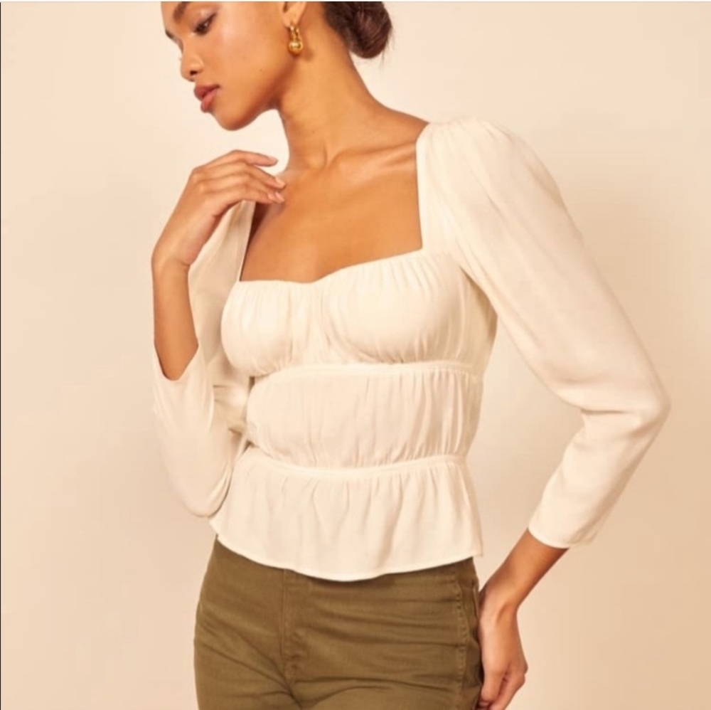New Reformation Top Plath Cream Puff Sleeve Crepe Size XSmall Puff Sleeve Blouse